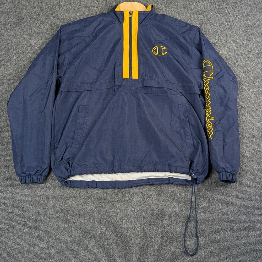 Champion Mens Half Zip Windbreaker Jacket Navy Blue Yellow Embroidered Large - Picture 5 of 15